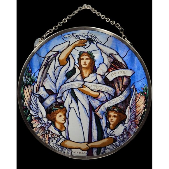 Vintage Stained Glass Round Hanging Plaque - Blessed Are The Peacemakers - 8" Di - Picture 1 of 3